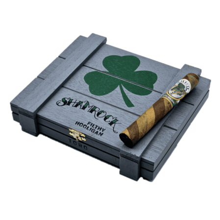 Alec Bradley Filthy Hooligan Shamrock are a very limited production cigar.  Alec Bradley Filthy Hooligan Shamrock are hand rolled in Honduras at Plasencia's Tabacos de Oriente S.A. factory.  The Shamrock features a non-disclosed blend of long leaf fillers and binder, but we do know that the Shamrock is wrapped in beautiful triple leaf barberpole (Honduran Candela, Habano Maduro, and Habano Seco). The Alec Bradley Filthy Hooligan Shamrock Triple Barberpole Cigars are loaded with flavor, with more body and deeper richer notes than the double barber pole wrapped Filthy Hooligan version. The flavor profile starts with rich medium to full body notes of chocolate, sweet earthiness, vanilla & peanuts that are complimented by bread, espresso, pepper & dark cocoa flavors. Get these St. Patrick Day Specialty Cigars while they last, only 1,500 boxes hand crafted!