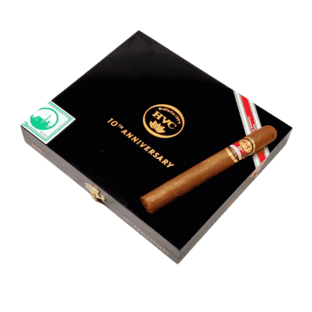 HVC 10th Anniversary cigars are handcrafted in Esteli, Nicaragua using a masterful blend of 3 different Nicaraguan filler; Corojo 99 Corojo 2012 & Criollo '98 and finished in a rich Corojo '99 wrapper from Jalapa. The HVC 10th Anniversary cigars are only available in Toro (6.5x50) size and production was limited to only 2,000 boxes of 10. Get them now while they last!