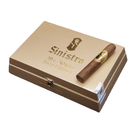 Sinistro Mr. White Gold Edition Cigars are a revamped & amp'd up blend to the Mr. White Edition hand crafted with additional Dominican Andullo long-filler tobaccos with American & Nicaraguan tobaccos, a double Ecuadorian Sumatra & Cameroon leaf in a 10-Year Aged Connecticut Broadleaf wrapper for a full body and full flavor smooth boutique cigar experience.