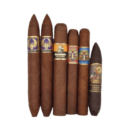 Enjoy a pair of the highly sought after, newly released Highclere Castle Senetjer cigars along with a variety of top blends from Foundation Cigar Company in this coveted 6 cigar sampler.  Featuring the flavor packed Tabernacle Broadleaf David Perfecto, The Wise Man Maduro with bold and full-bodied notes, the 92-rated Top 25 Cigar of Year El Gueguense along a masterfully crafted boutique premium cigar in a San Andres wrapper the newly released at PCA 2022 Olmec Claro by Foundation Cigars.