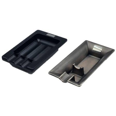 Prometheus metal ashtrays with timeless modern classic designs are built to withstand extensive use and outdoor conditions. They are available in black matte, and industrial chrome finishes with single or three cigar stand.