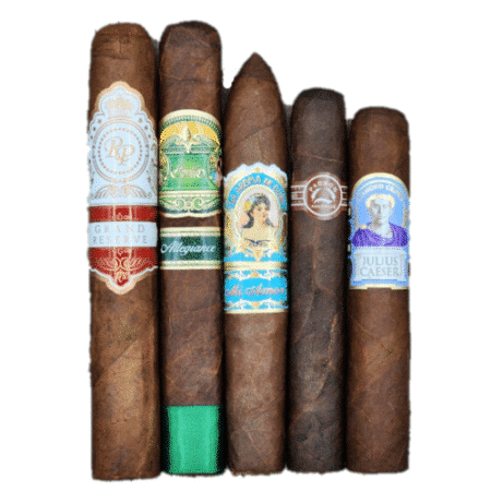 CA March/April 90+ Rating 5 Cigar Sampler allows you to try some of the top rated cigars by Cigar Aficionado.  Enjoy the 95 rated La Aroma de Cuba Belicoso, 94 rated E.P. Carrillo Allegiance Confidant, 92 rated Rocky Patel Grand Reserve Sixty, 92 rated Padron 2000 Maduro, and 91 rated Diamond Crown Julius Caeser Robusto.