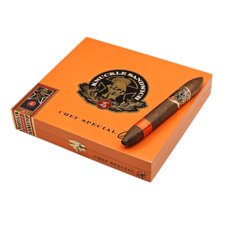 Espinosa Knuckle Sandwich Chef Special 2023 Limited Edition release is another collaboration with American Chef Guy Fieri & Erik Espinosa. Hand-crafted in a Box-Pressed Figurado shape, also, this Limited Edition blend consists of Nicaraguan filler as well as binder tobaccos finished in an lush, rich Ecuadorian Sumatra wrapper leaf. Medium-Full bodied with notes of pepper, earth, spice, and finally a creamy sweetness on the finish.